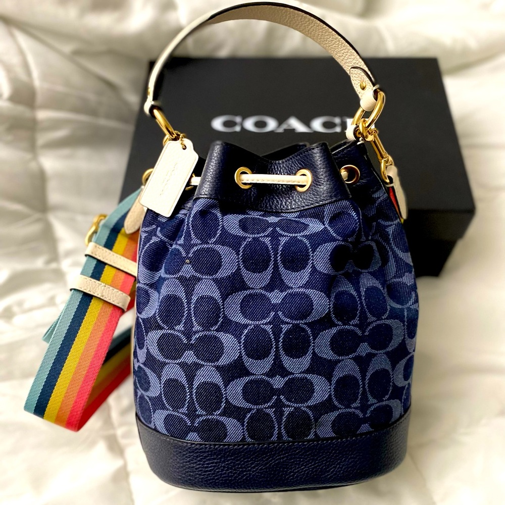 Coach Navy Blue Bucket Bag with Rainbow Strap - Picture 8 of 13